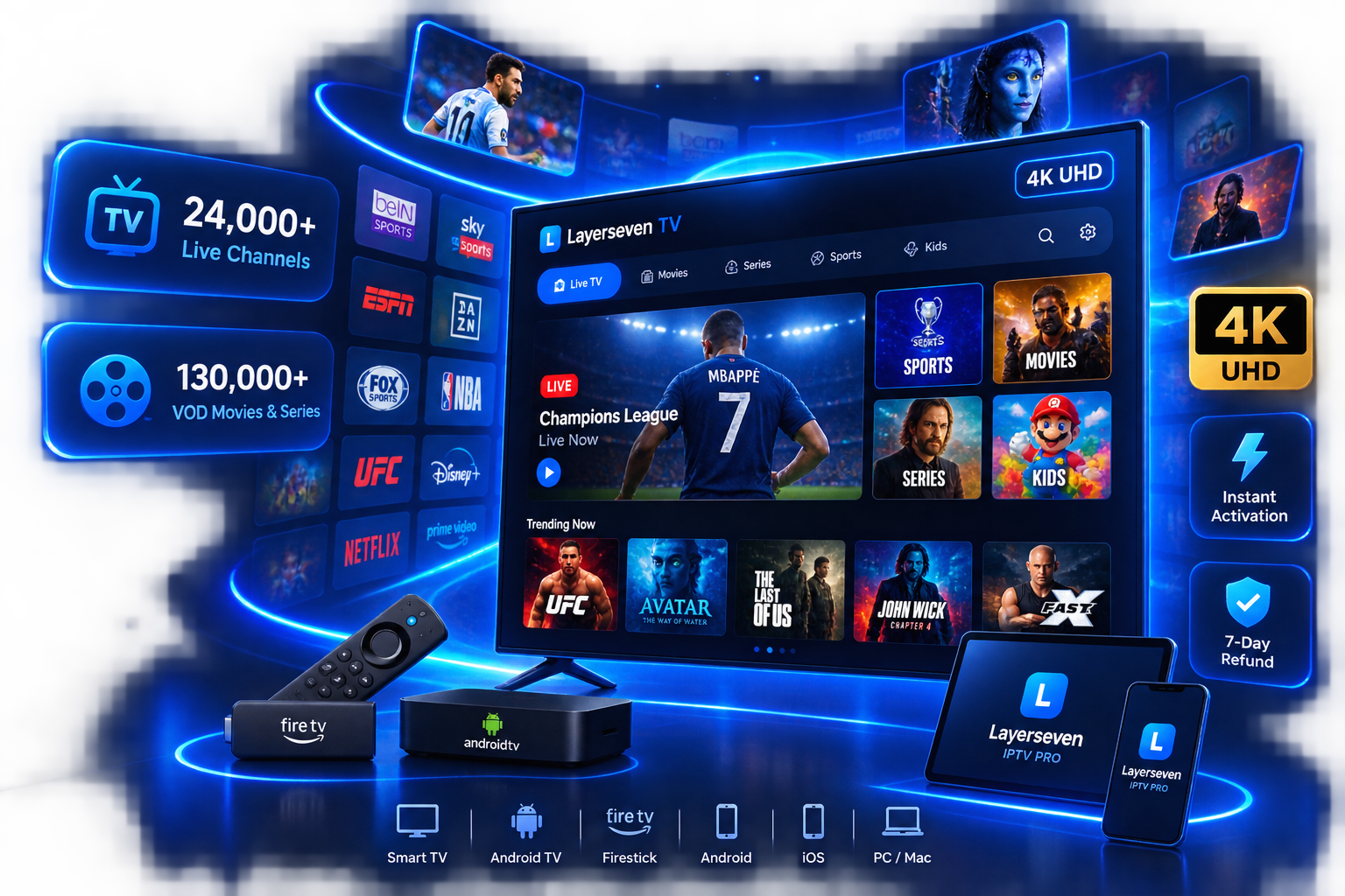 Layerseven IPTV streaming 24,000+ live channels and 130,000+ movies in 4K UHD on Smart TV, Firestick, Android TV, phone and tablet